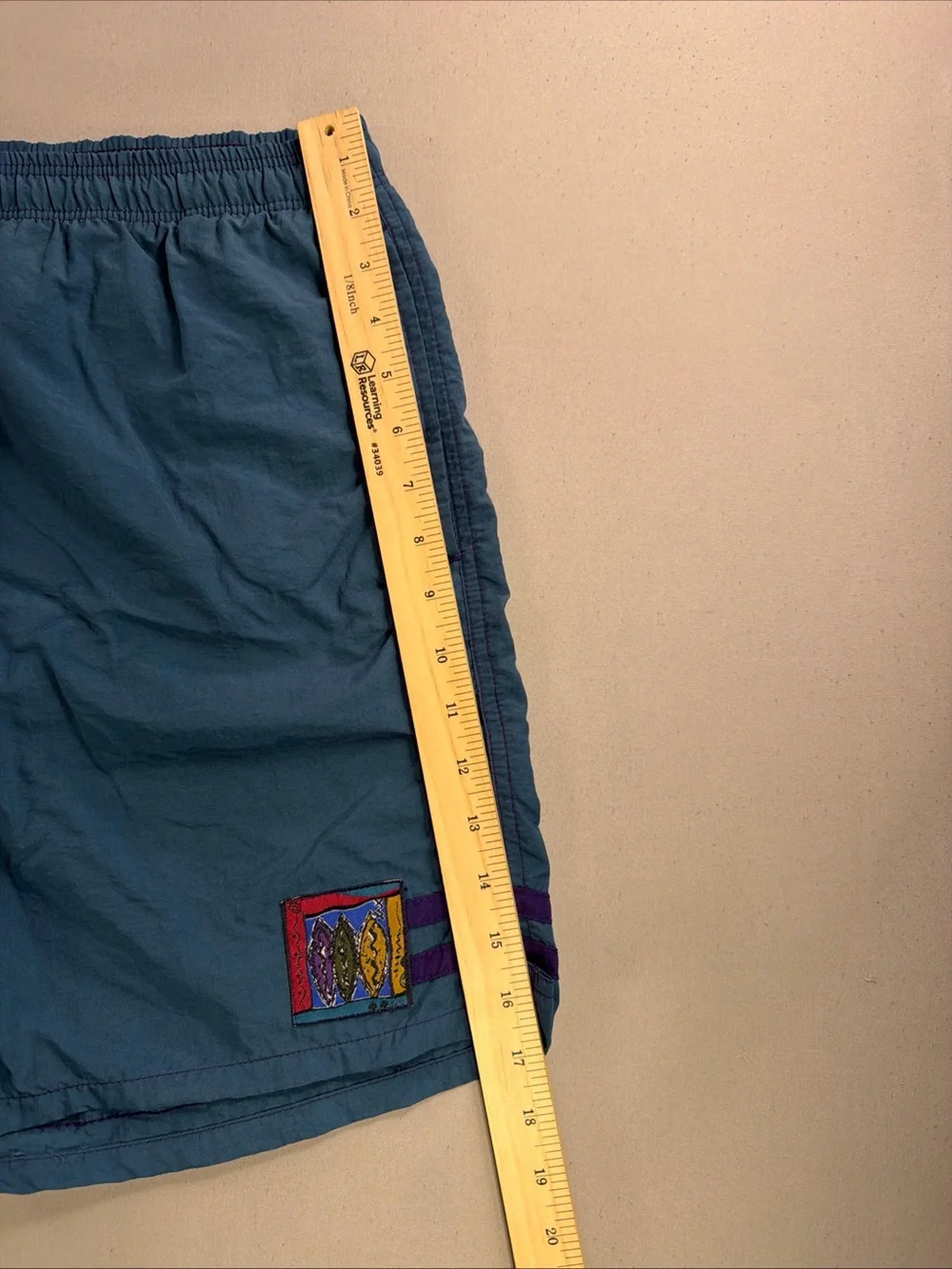Vintage Men's Teal Elastic-Waist Swim Trunks with Embroidered Logo Patch
